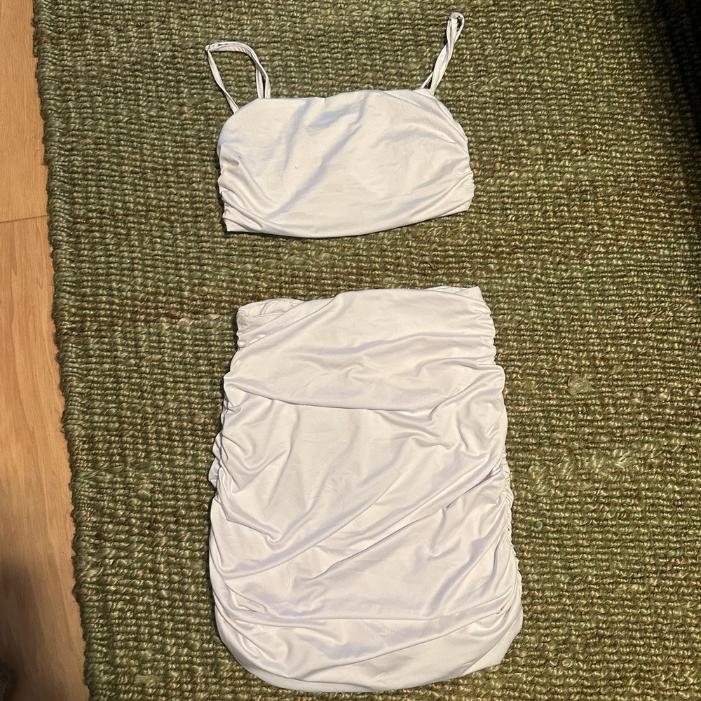 Women's White Ruched Two-Piece Tank and Skirt Set